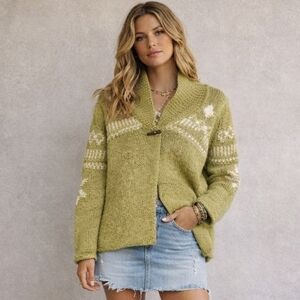Handmade True Grit Wool Green Shawl Collar Nordic Fair Isle Cardigan Sweater